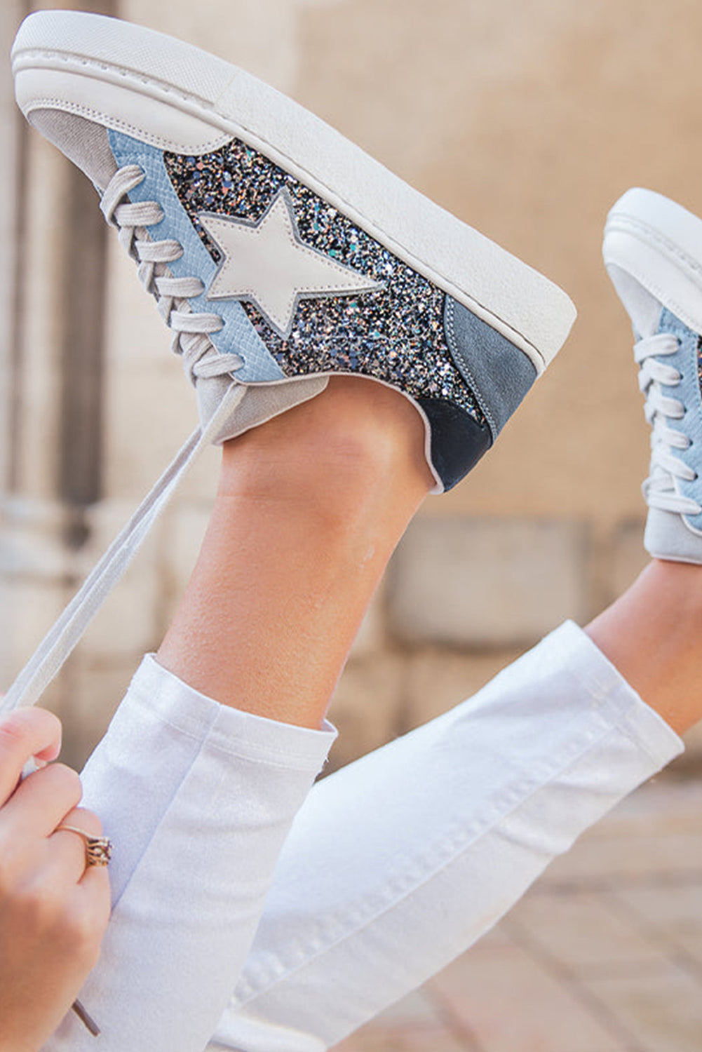 Chaussures à Lacets Paillettes Étoile Argentée
